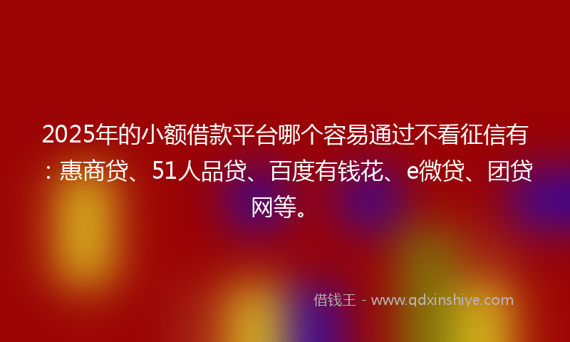 2025年的小额借款平台哪个容易通过不看征信有：惠商贷、51人品贷、百度有钱花、e微贷、团贷网等。