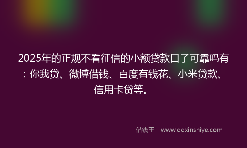 2025年的正规不看征信的小额贷款口子可靠吗有：你我贷、微博借钱、百度有钱花、小米贷款、信用卡贷等。