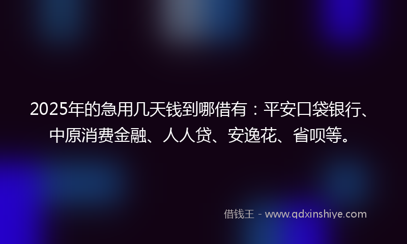 2025年的急用几天钱到哪借有：平安口袋银行、中原消费金融、人人贷、安逸花、省呗等。