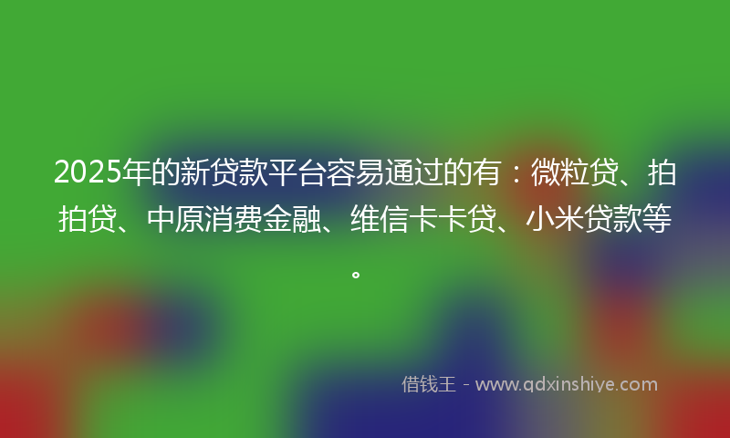 2025年的新贷款平台容易通过的有：微粒贷、拍拍贷、中原消费金融、维信卡卡贷、小米贷款等。