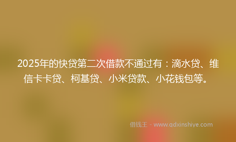 2025年的快贷第二次借款不通过有：滴水贷、维信卡卡贷、柯基贷、小米贷款、小花钱包等。