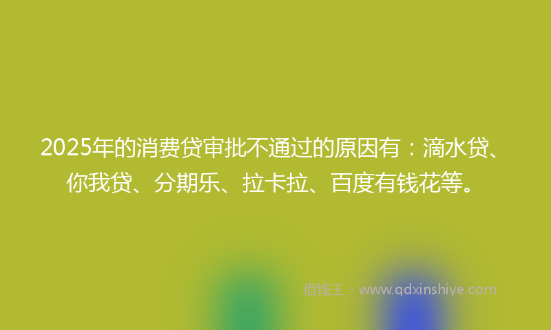 2025年的消费贷审批不通过的原因有：滴水贷、你我贷、分期乐、拉卡拉、百度有钱花等。