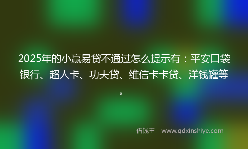 2025年的小赢易贷不通过怎么提示有：平安口袋银行、超人卡、功夫贷、维信卡卡贷、洋钱罐等。