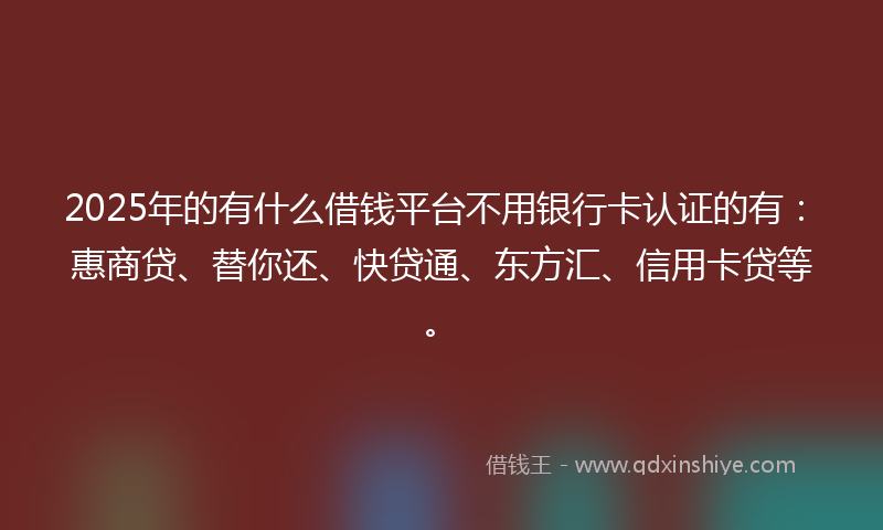 2025年的有什么借钱平台不用银行卡认证的有：惠商贷、替你还、快贷通、东方汇、信用卡贷等。