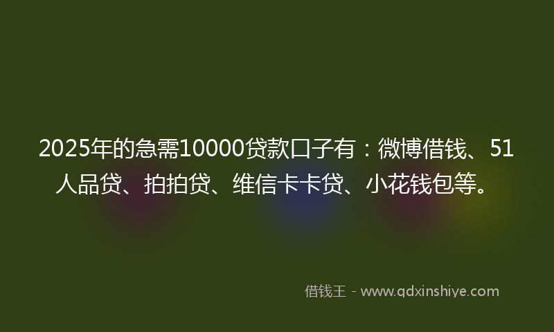 2025年的急需10000贷款口子有：微博借钱、51人品贷、拍拍贷、维信卡卡贷、小花钱包等。