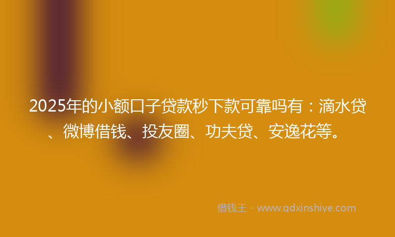 2025年的小额口子贷款秒下款可靠吗有：滴水贷、微博借钱、投友圈、功夫贷、安逸花等。