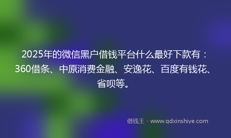 2025年的微信黑户借钱平台什么最好下款有：360借条、中原消费金融、安逸花、百度有钱花、省呗等。