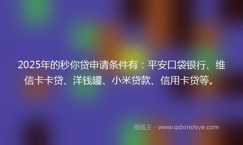 2025年的秒你贷申请条件有：平安口袋银行、维信卡卡贷、洋钱罐、小米贷款、信用卡贷等。