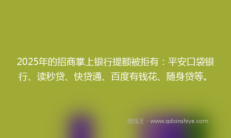 2025年的招商掌上银行提额被拒有：平安口袋银行、读秒贷、快贷通、百度有钱花、随身贷等。