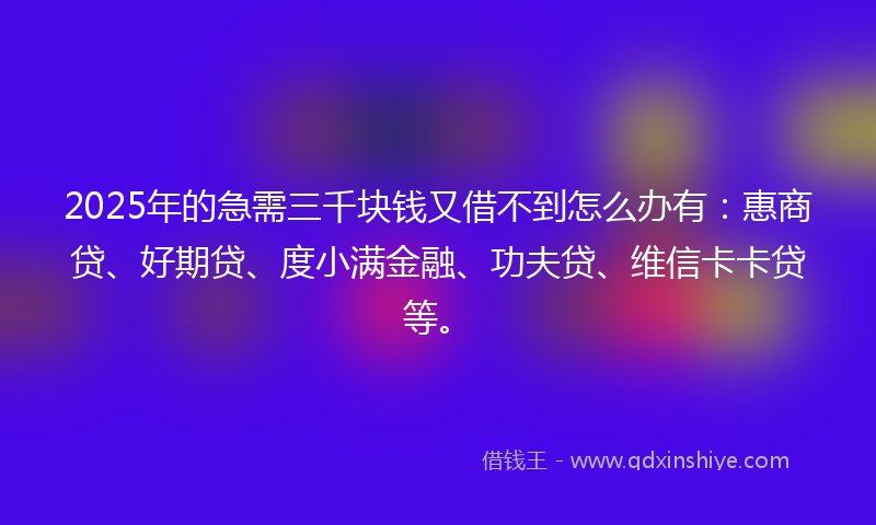 2025年的急需三千块钱又借不到怎么办有：惠商贷、好期贷、度小满金融、功夫贷、维信卡卡贷等。