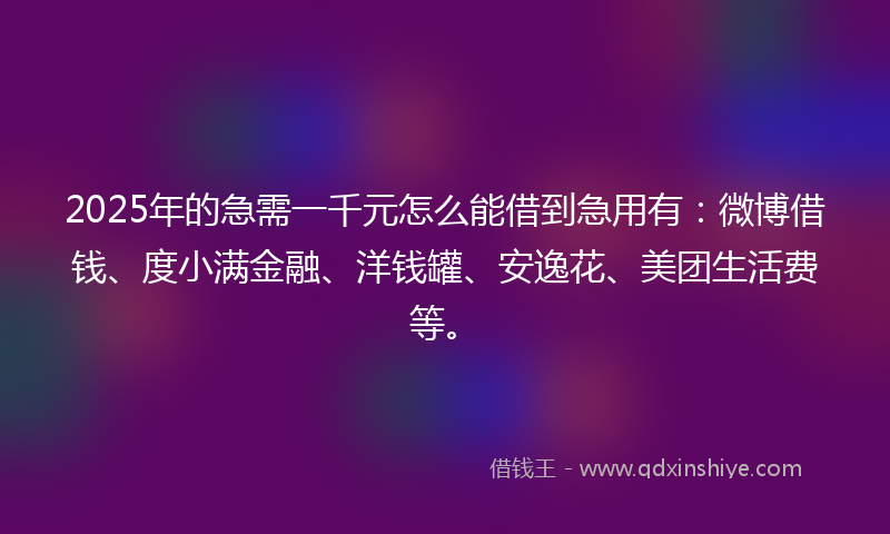 2025年的急需一千元怎么能借到急用有：微博借钱、度小满金融、洋钱罐、安逸花、美团生活费等。