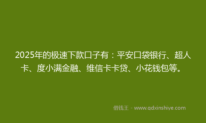 2025年的极速下款口子有：平安口袋银行、超人卡、度小满金融、维信卡卡贷、小花钱包等。