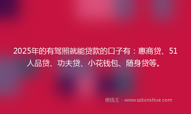 2025年的有驾照就能贷款的口子有：惠商贷、51人品贷、功夫贷、小花钱包、随身贷等。