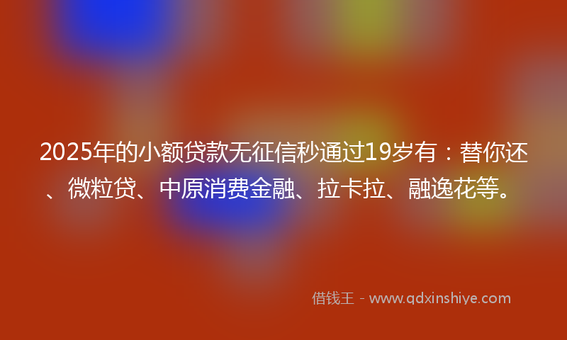 2025年的小额贷款无征信秒通过19岁有：替你还、微粒贷、中原消费金融、拉卡拉、融逸花等。