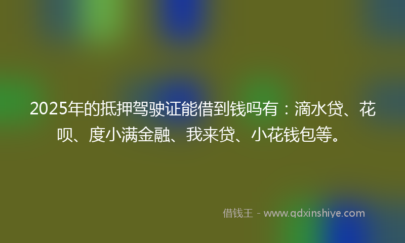 2025年的抵押驾驶证能借到钱吗有：滴水贷、花呗、度小满金融、我来贷、小花钱包等。