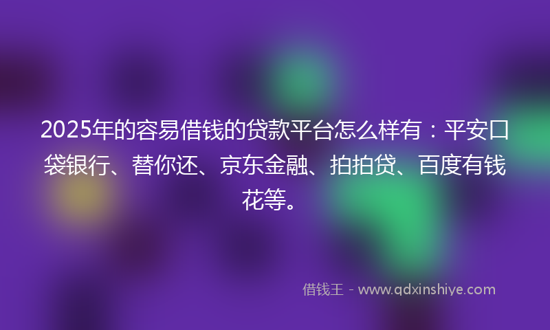 2025年的容易借钱的贷款平台怎么样有：平安口袋银行、替你还、京东金融、拍拍贷、百度有钱花等。