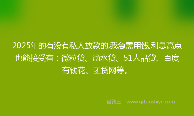 2025年的有没有私人放款的,我急需用钱,利息高点也能接受有：微粒贷、滴水贷、51人品贷、百度有钱花、团贷网等。