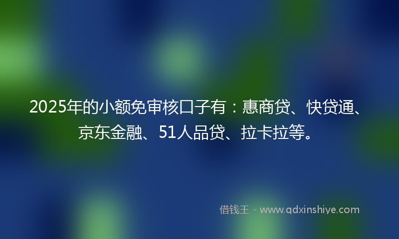 2025年的小额免审核口子有：惠商贷、快贷通、京东金融、51人品贷、拉卡拉等。