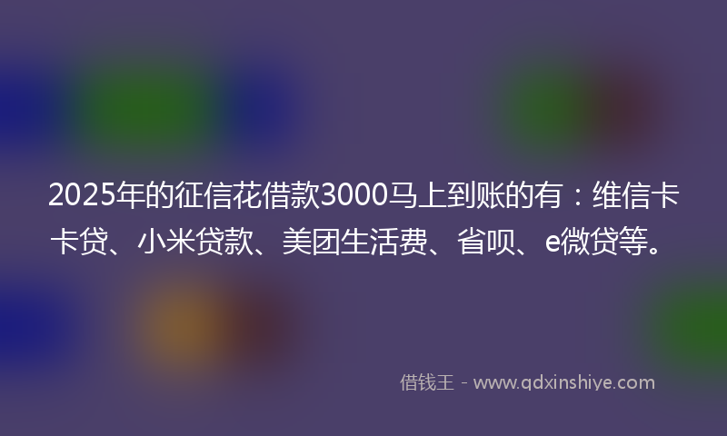 2025年的征信花借款3000马上到账的有：维信卡卡贷、小米贷款、美团生活费、省呗、e微贷等。