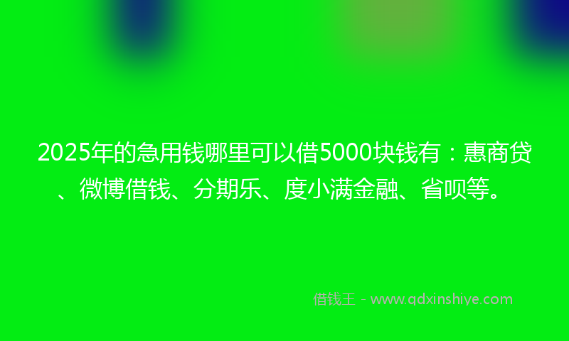 2025年的急用钱哪里可以借5000块钱有：惠商贷、微博借钱、分期乐、度小满金融、省呗等。