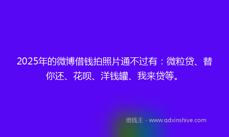 2025年的微博借钱拍照片通不过有：微粒贷、替你还、花呗、洋钱罐、我来贷等。
