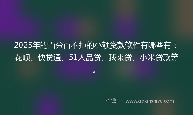2025年的百分百不拒的小额贷款软件有哪些有：花呗、快贷通、51人品贷、我来贷、小米贷款等。