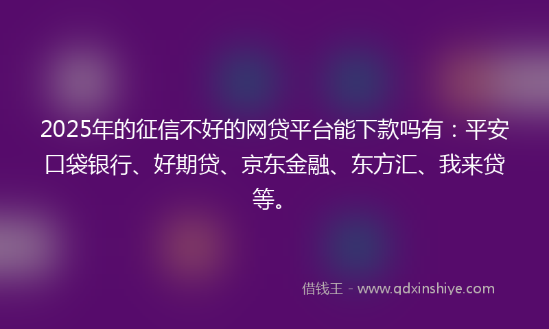2025年的征信不好的网贷平台能下款吗有：平安口袋银行、好期贷、京东金融、东方汇、我来贷等。