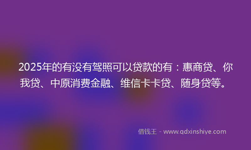2025年的有没有驾照可以贷款的有：惠商贷、你我贷、中原消费金融、维信卡卡贷、随身贷等。