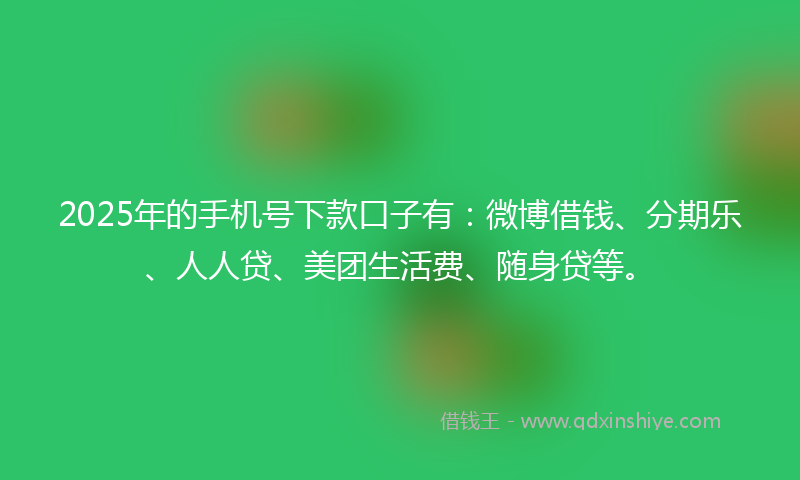 2025年的手机号下款口子有：微博借钱、分期乐、人人贷、美团生活费、随身贷等。