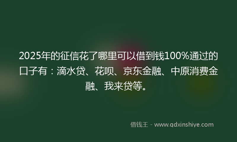 2025年的征信花了哪里可以借到钱100%通过的口子有：滴水贷、花呗、京东金融、中原消费金融、我来贷等。