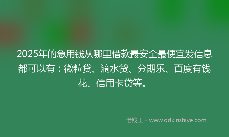 2025年的急用钱从哪里借款最安全最便宜发信息都可以有：微粒贷、滴水贷、分期乐、百度有钱花、信用卡贷等。