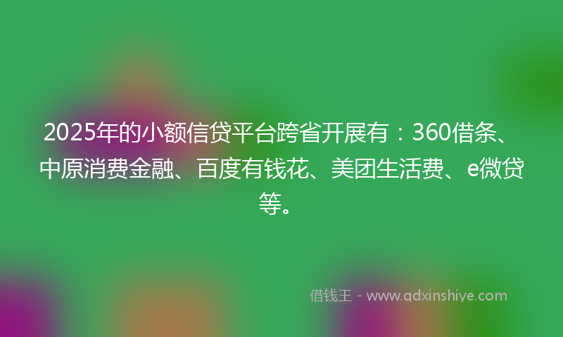 2025年的小额信贷平台跨省开展有：360借条、中原消费金融、百度有钱花、美团生活费、e微贷等。