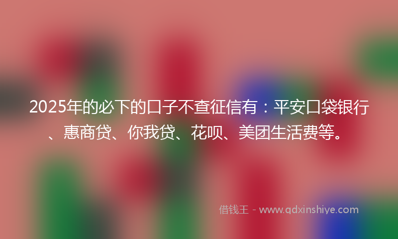 2025年的必下的口子不查征信有：平安口袋银行、惠商贷、你我贷、花呗、美团生活费等。