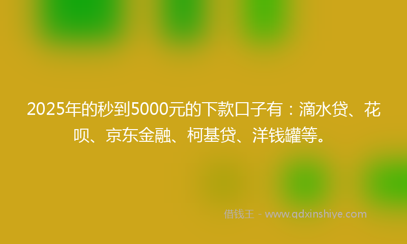 2025年的秒到5000元的下款口子有：滴水贷、花呗、京东金融、柯基贷、洋钱罐等。