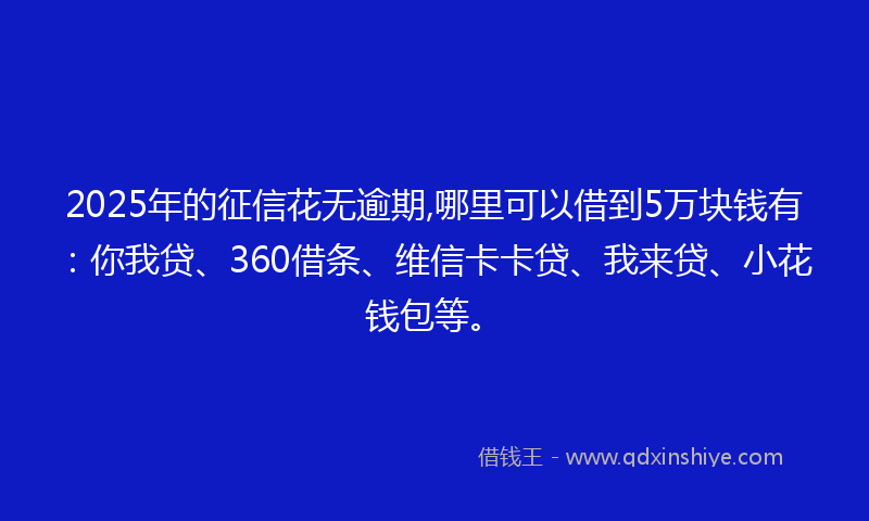 2025年的征信花无逾期,哪里可以借到5万块钱有：你我贷、360借条、维信卡卡贷、我来贷、小花钱包等。