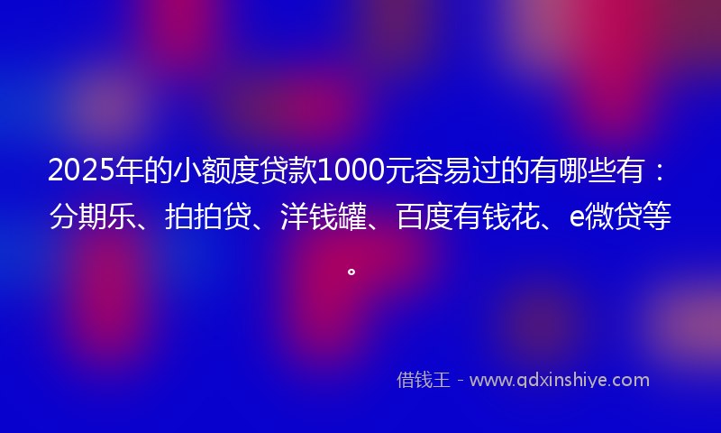 2025年的小额度贷款1000元容易过的有哪些有：分期乐、拍拍贷、洋钱罐、百度有钱花、e微贷等。