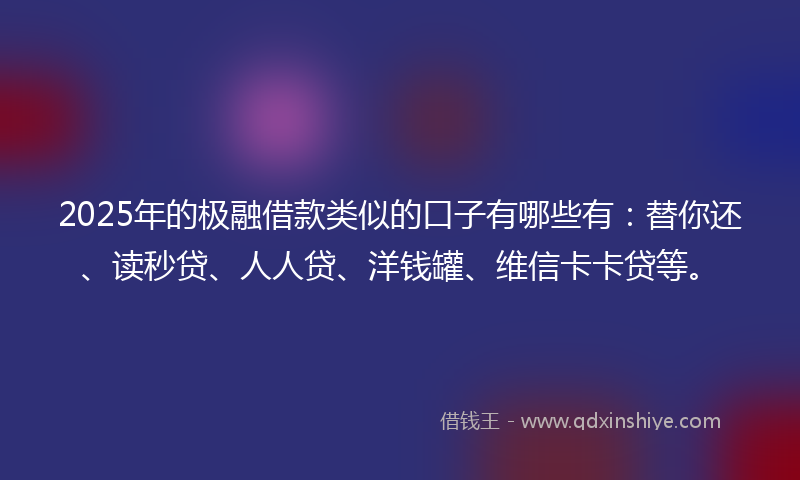 2025年的极融借款类似的口子有哪些有：替你还、读秒贷、人人贷、洋钱罐、维信卡卡贷等。