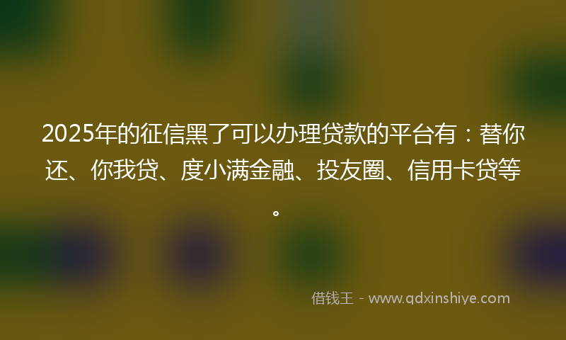 2025年的征信黑了可以办理贷款的平台有：替你还、你我贷、度小满金融、投友圈、信用卡贷等。