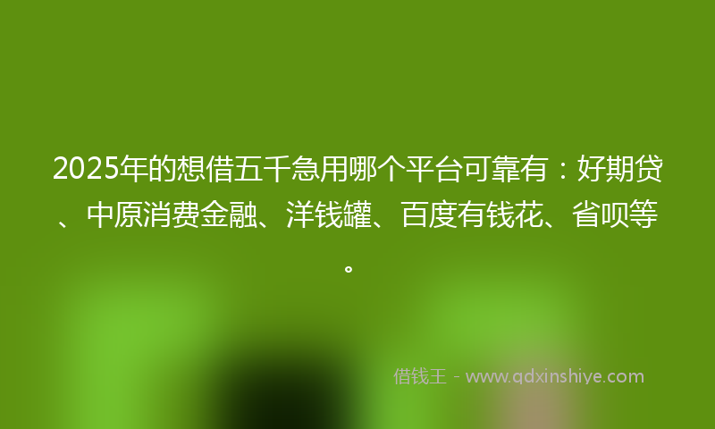 2025年的想借五千急用哪个平台可靠有：好期贷、中原消费金融、洋钱罐、百度有钱花、省呗等。