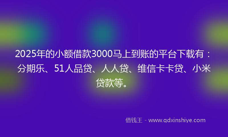 2025年的小额借款3000马上到账的平台下载有：分期乐、51人品贷、人人贷、维信卡卡贷、小米贷款等。