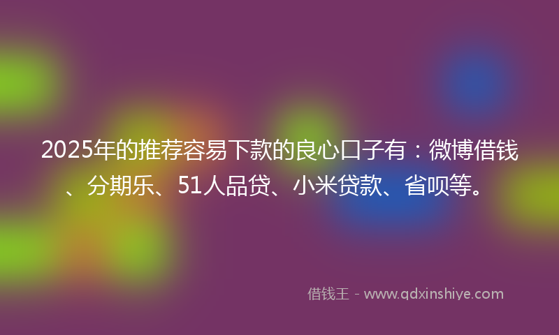 2025年的推荐容易下款的良心口子有：微博借钱、分期乐、51人品贷、小米贷款、省呗等。