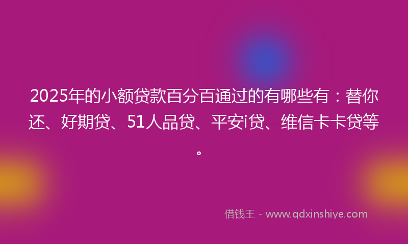 2025年的小额贷款百分百通过的有哪些有：替你还、好期贷、51人品贷、平安i贷、维信卡卡贷等。