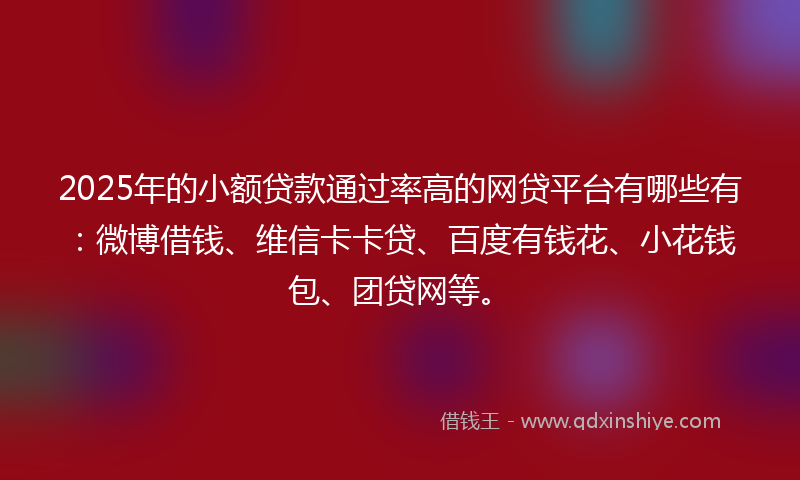 2025年的小额贷款通过率高的网贷平台有哪些有：微博借钱、维信卡卡贷、百度有钱花、小花钱包、团贷网等。