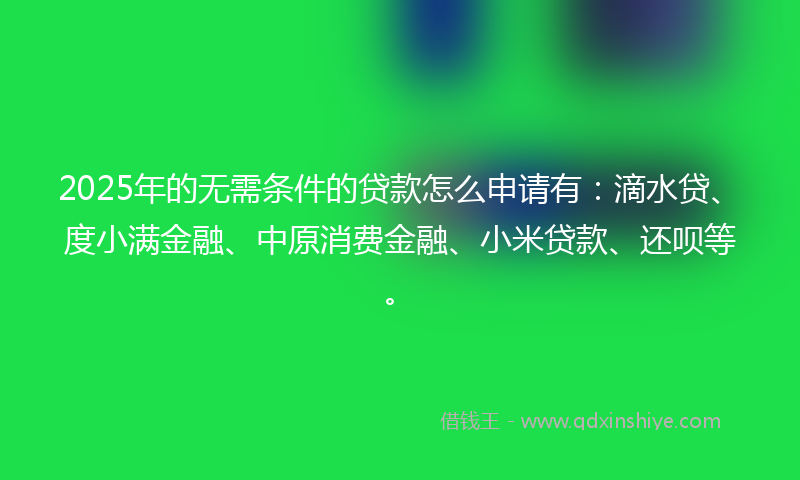 2025年的无需条件的贷款怎么申请有：滴水贷、度小满金融、中原消费金融、小米贷款、还呗等。