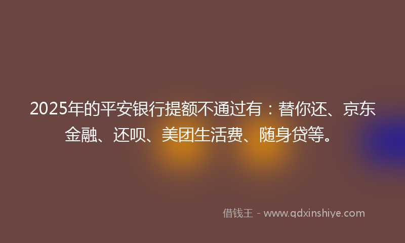 2025年的平安银行提额不通过有：替你还、京东金融、还呗、美团生活费、随身贷等。