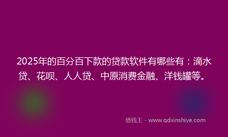 2025年的百分百下款的贷款软件有哪些有：滴水贷、花呗、人人贷、中原消费金融、洋钱罐等。