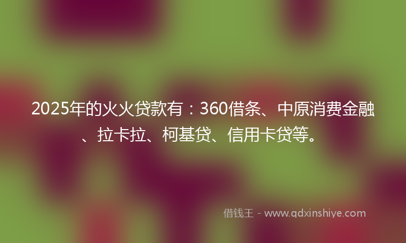 2025年的火火贷款有：360借条、中原消费金融、拉卡拉、柯基贷、信用卡贷等。