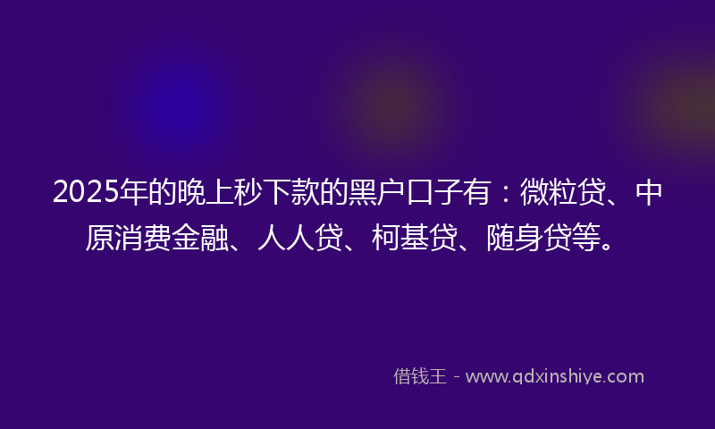 2025年的晚上秒下款的黑户口子有：微粒贷、中原消费金融、人人贷、柯基贷、随身贷等。