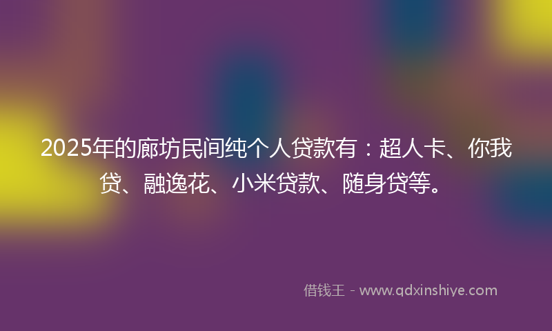 2025年的廊坊民间纯个人贷款有：超人卡、你我贷、融逸花、小米贷款、随身贷等。
