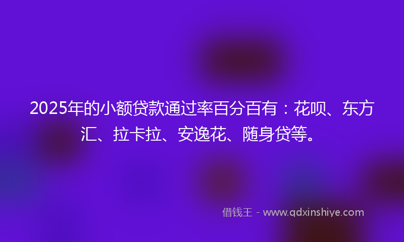 2025年的小额贷款通过率百分百有：花呗、东方汇、拉卡拉、安逸花、随身贷等。
